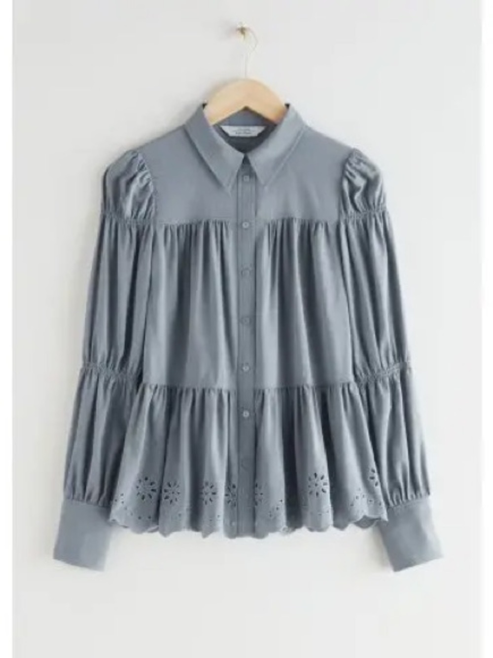 & Other Stories Gray Tiered Eyelet Button-Down Blouse